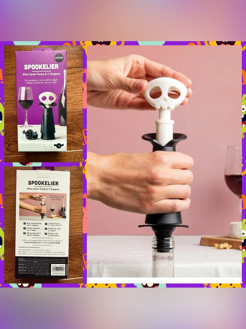 Spookelier Wine Saver Pump & Stoppers - Black and White